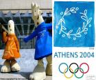 Логотип и талисманы Олимпийских играх в Афинах 2004 года, Афина и Фебом, где участвовали 10625 спортсменов из 201 страны